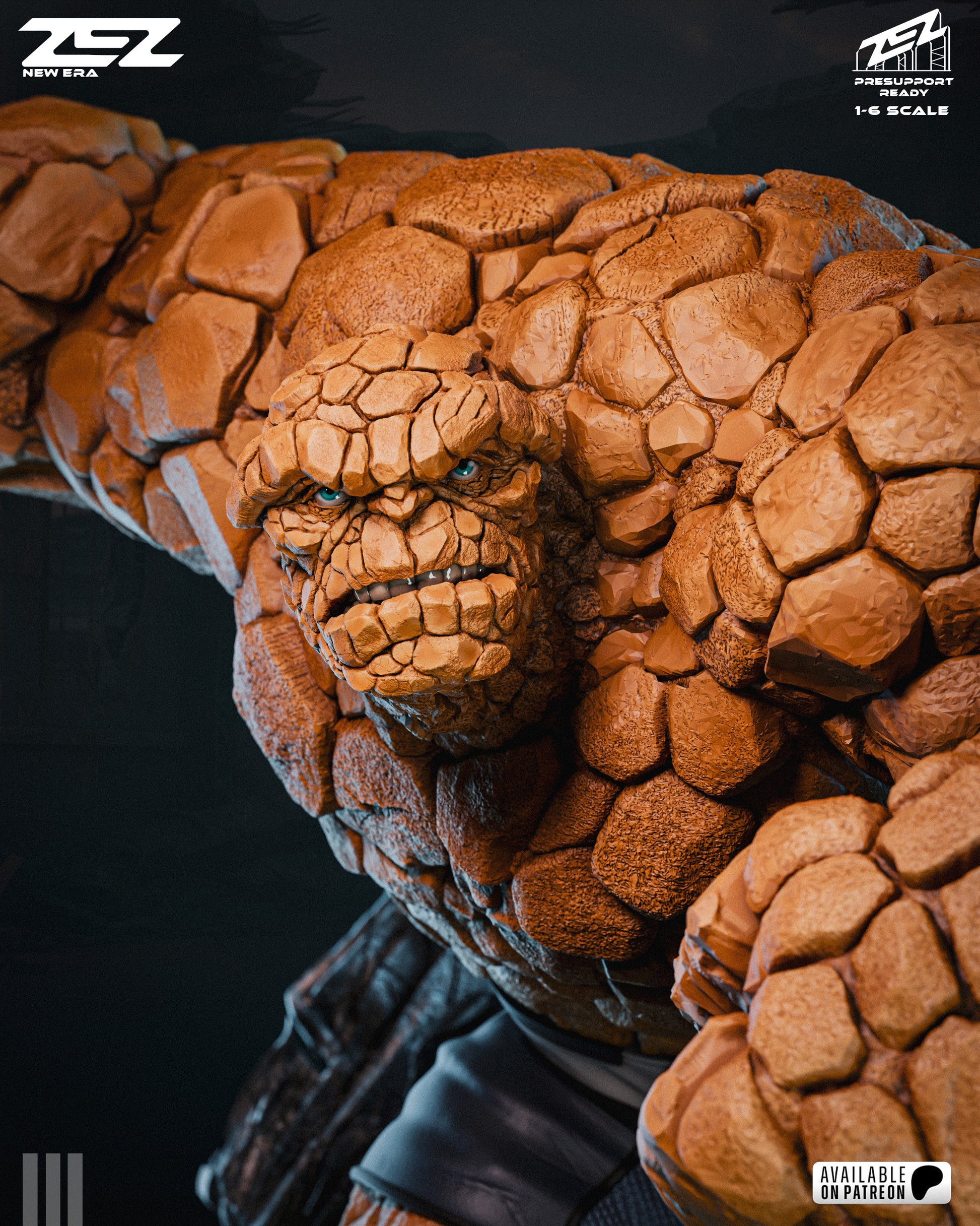 Color close-up of The Thing's alternate no beard head sculpt, featuring realistic orange rocky textures and blue eyes, from the ZEZ Studios 1:6 scale statue.
