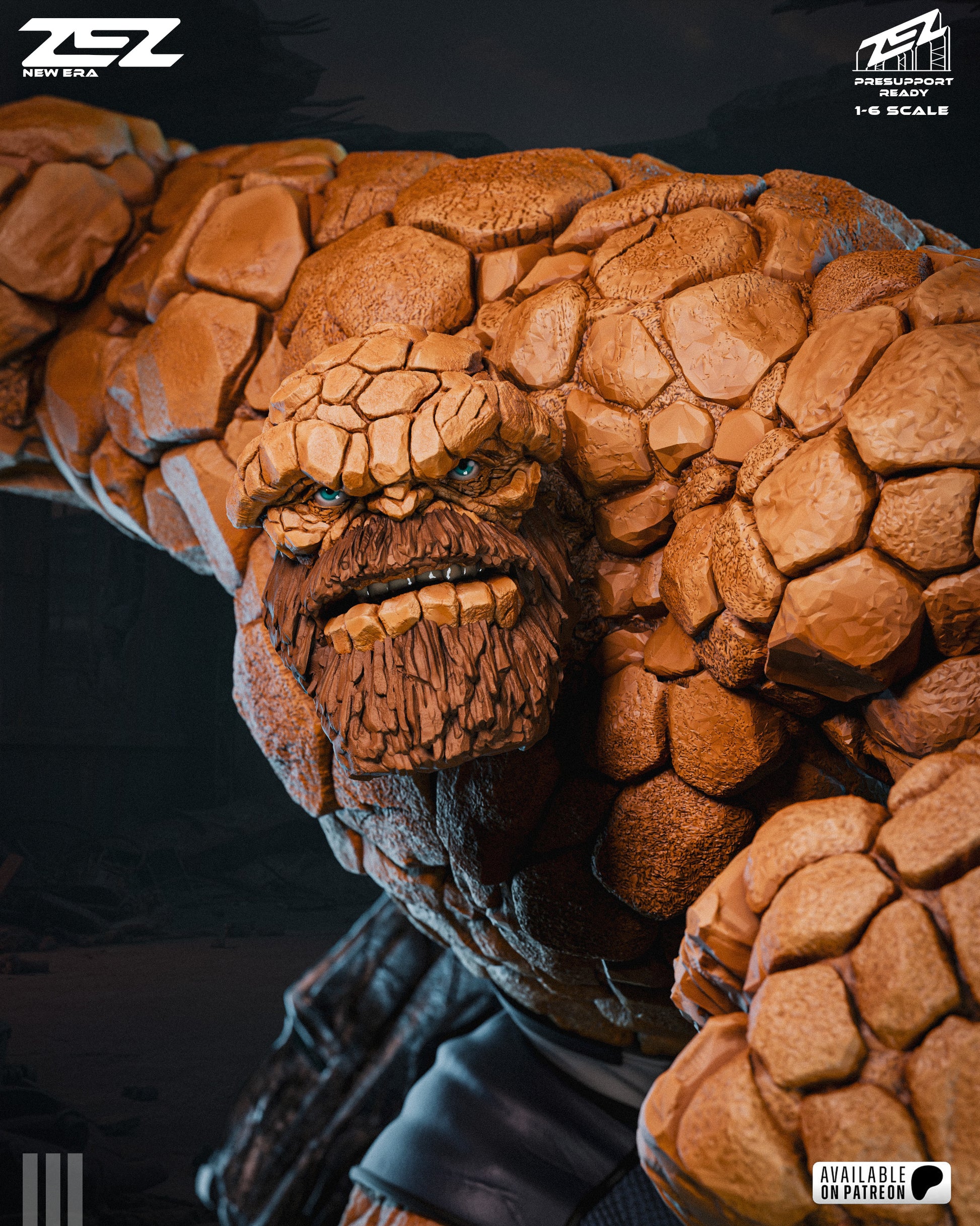 Color close-up of The Thing's alternate bearded head sculpt, featuring realistic orange rocky textures and blue eyes, from the ZEZ Studios 1:6 scale statue.