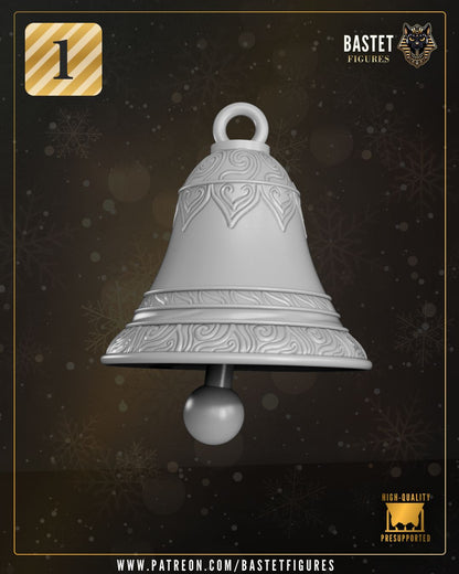 Resin bell ornament with detailed scrollwork and festive holiday design rendering