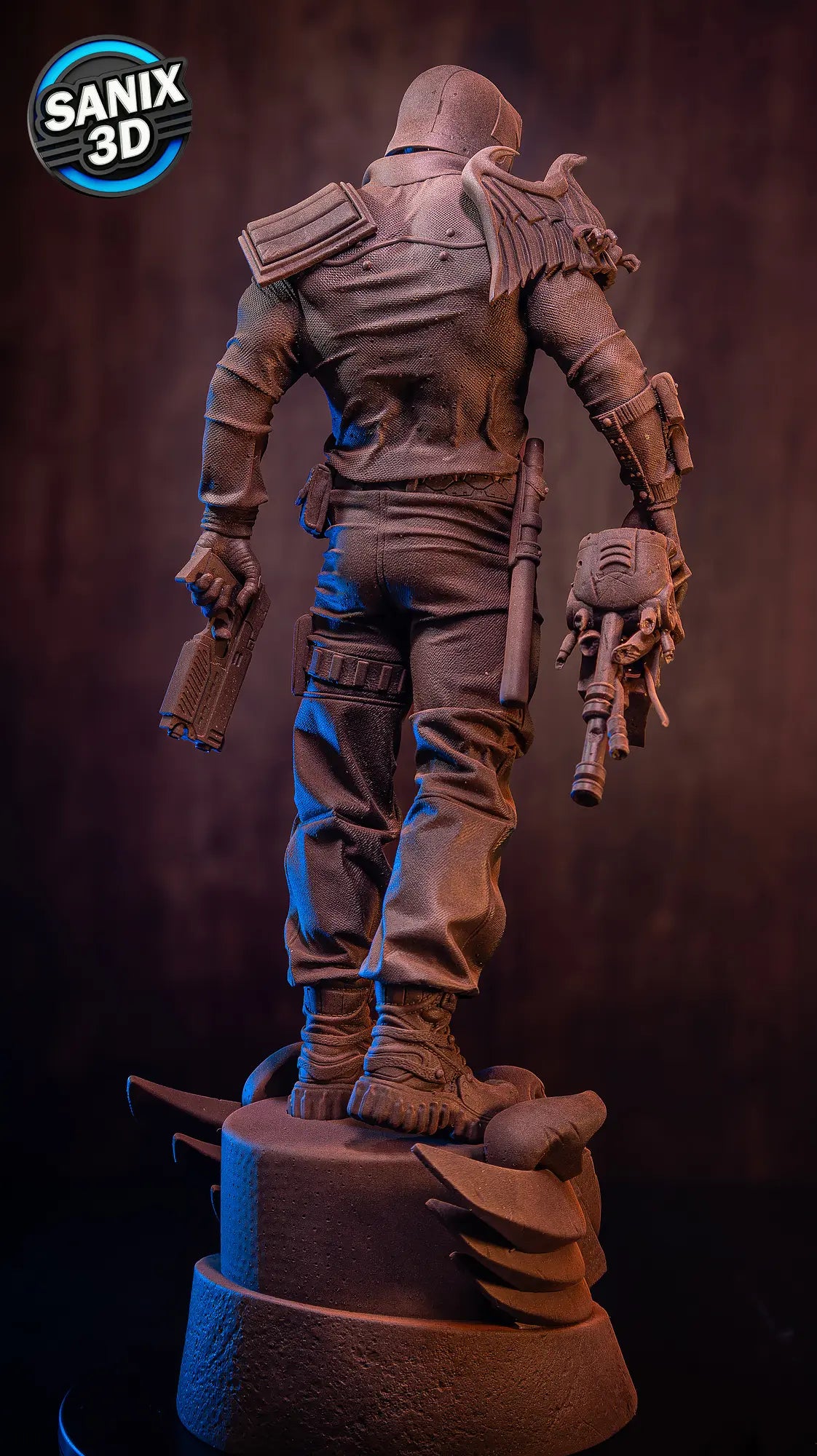 Judge Dredd 3D printed statue rear view showing weapon