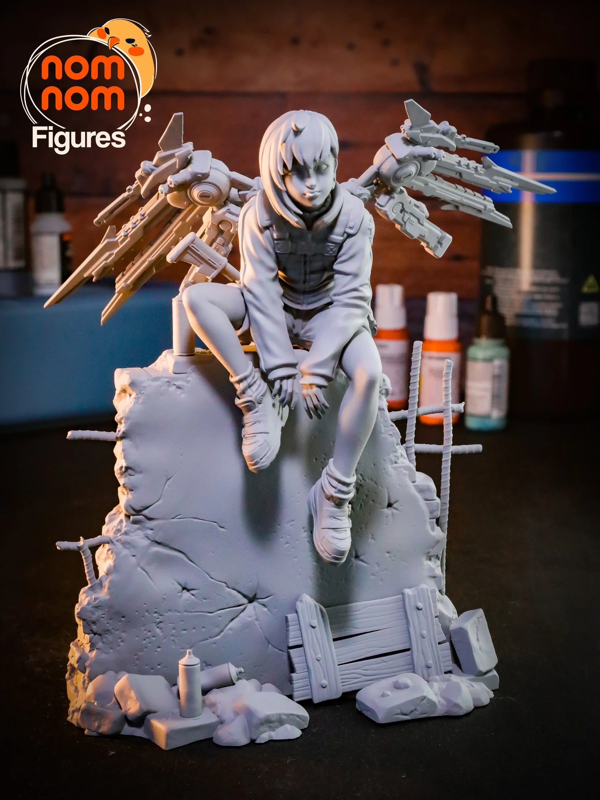 Valrie unpainted 3D printed figure by Nomnom, front view with rubble base and cyber wings, ready to paint.