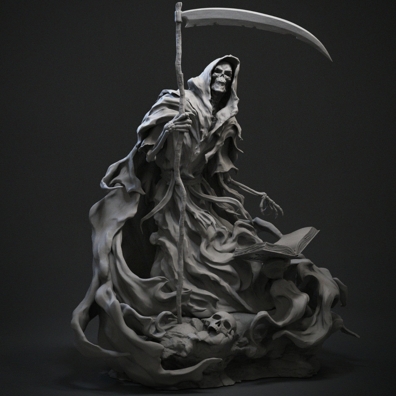 Grim Reaper 1:12 scale statue with hooded skeleton holding scythe over an open book, detailed dark fantasy collectible.