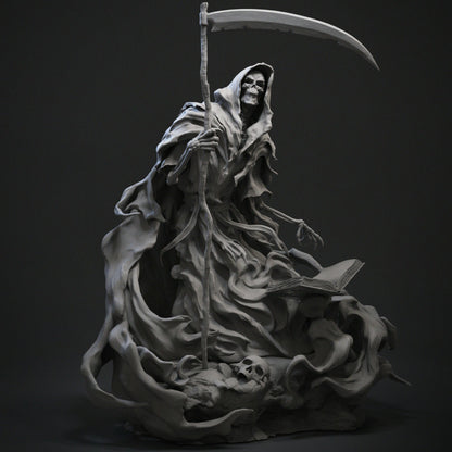 Grim Reaper 1:12 scale statue with hooded skeleton holding scythe over an open book, detailed dark fantasy collectible.