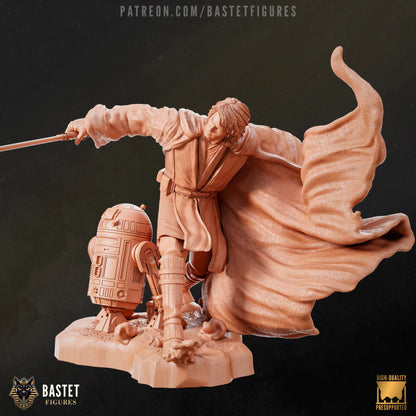 Unpainted clay-style render of Anakin Skywalker and R2-D2 resin statue, lightsaber drawn