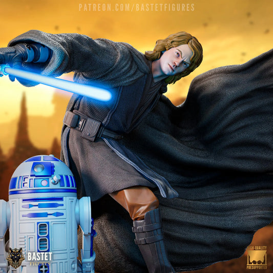 Digital painted render Anakin Skywalker resin fan art statue with lightsaber and R2-D2, dynamic action pose on scenic base