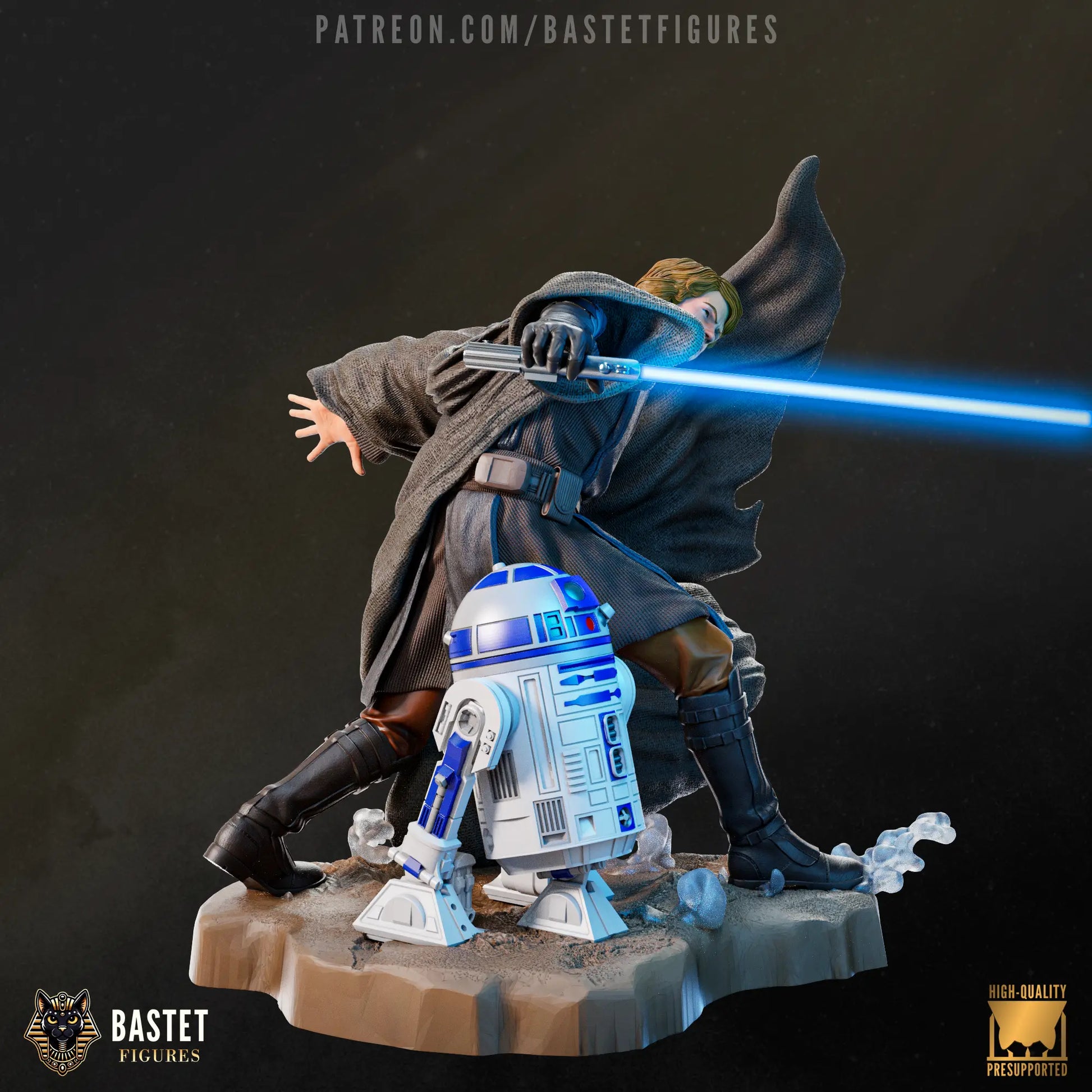 Painted front view of Anakin Skywalker with R2-D2 statue, detailed textures and scenic base