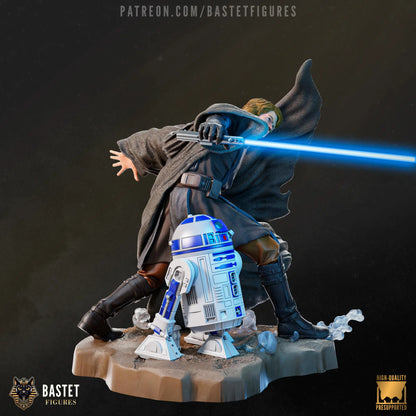 Painted front view of Anakin Skywalker with R2-D2 statue, detailed textures and scenic base