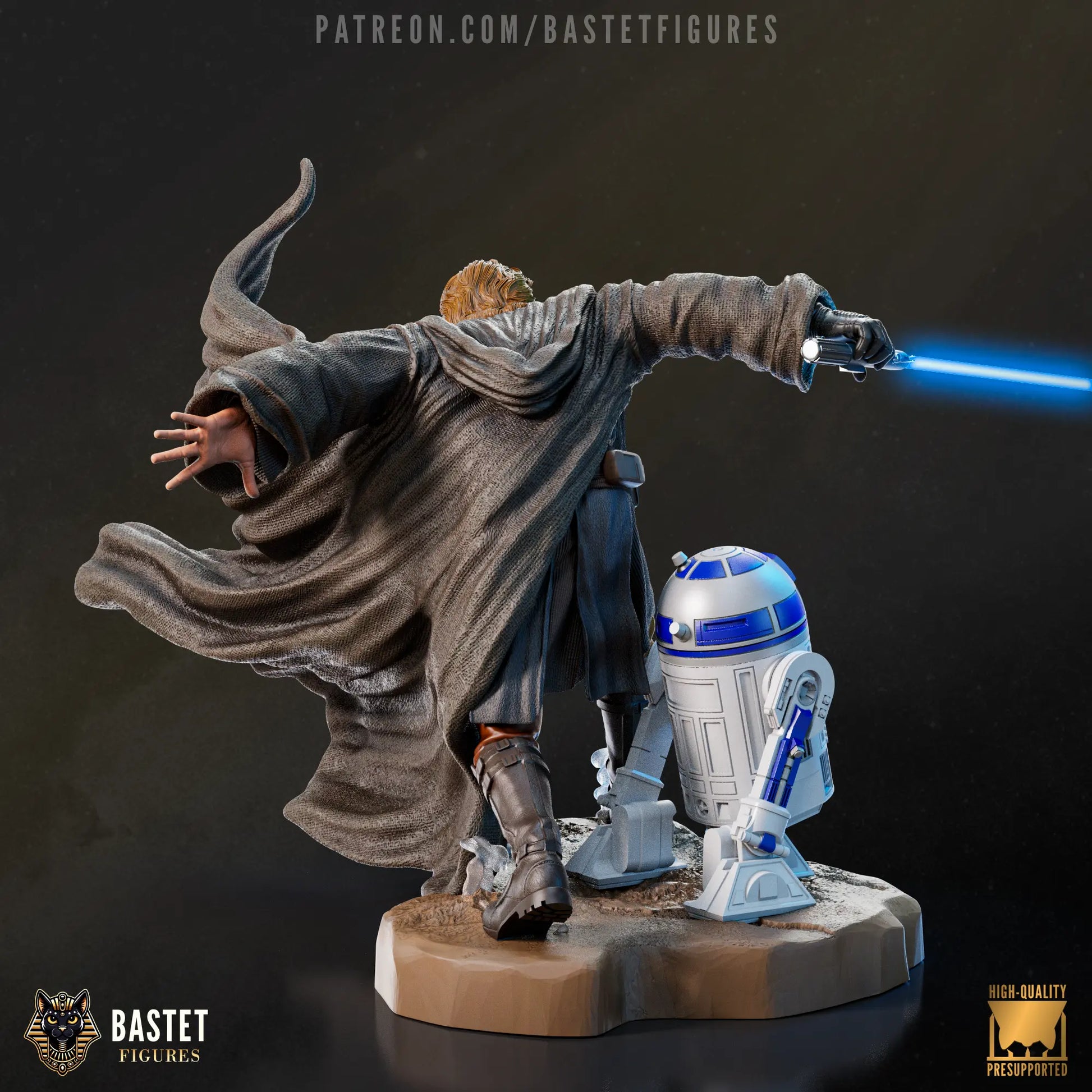 Rear view of fully painted Star Wars resin fan art statue of Anakin Skywalker in action stance with R2-D2