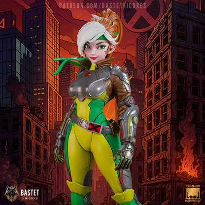Digital rendering of Rogue X-Men resin fan art collectible featuring full statue, bust, and keychain options with high detail