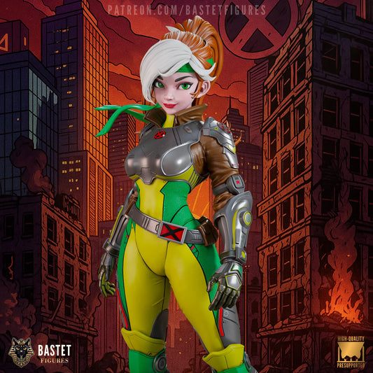 Digital rendering of Rogue X-Men resin fan art collectible featuring full statue, bust, and keychain options with high detail