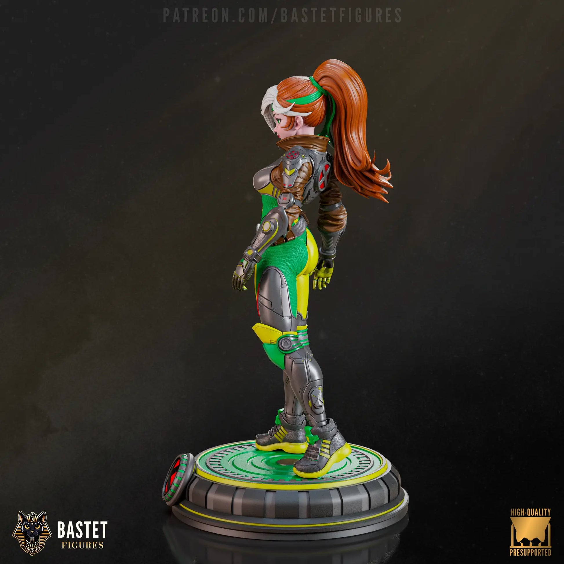 Statue of a character in green and gray armor on a dark background with 'Bastet Figures' branding.