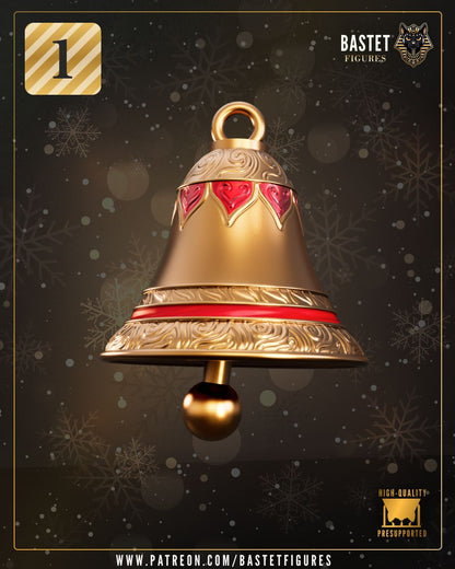 Resin bell ornament with detailed scrollwork and festive holiday design