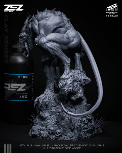 Left profile view of the Absolute Joker statue, emphasizing his hyper-muscular build and aggressive forward stance atop skeletal remains.