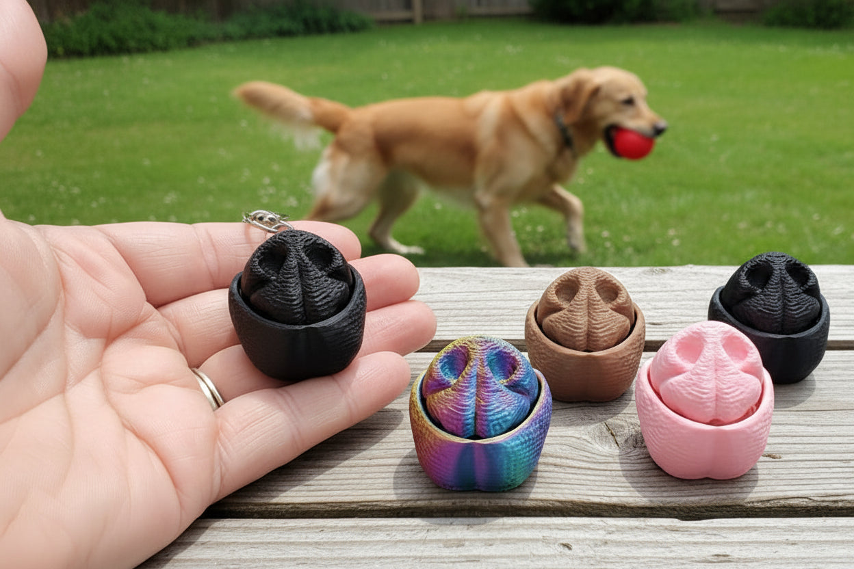 dog nose shaped clickers on a wooden deck by a yard