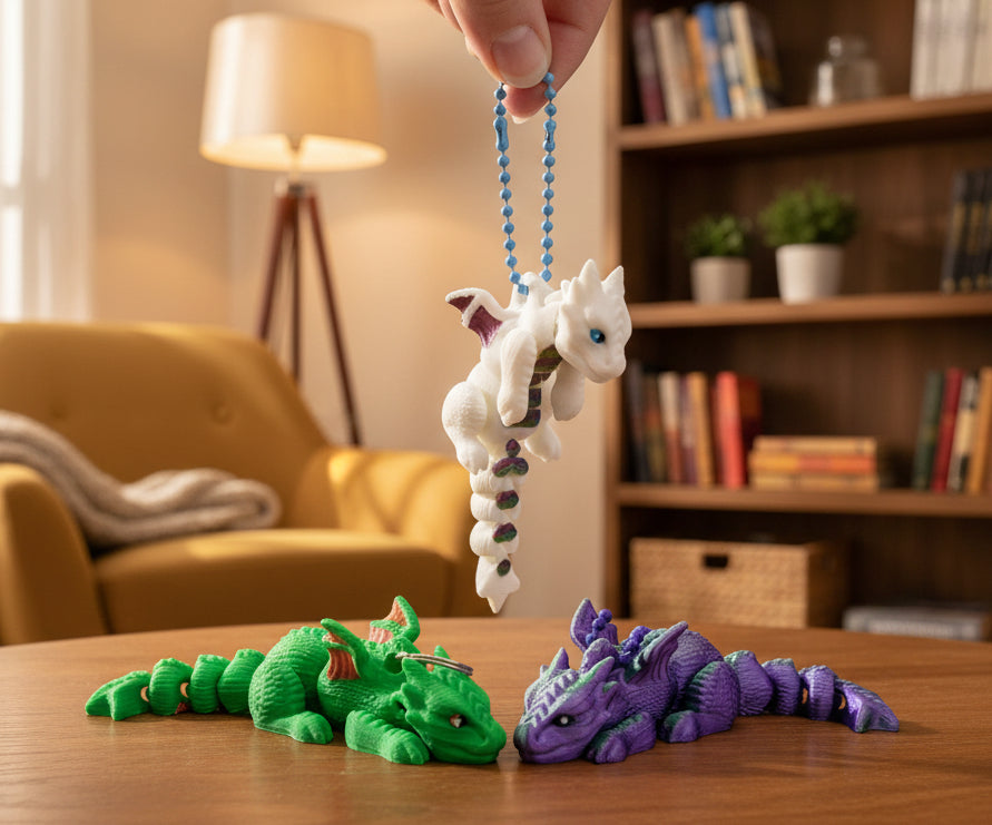 Three colorful scruffed dragon-shaped keychains held by a hand in a living room