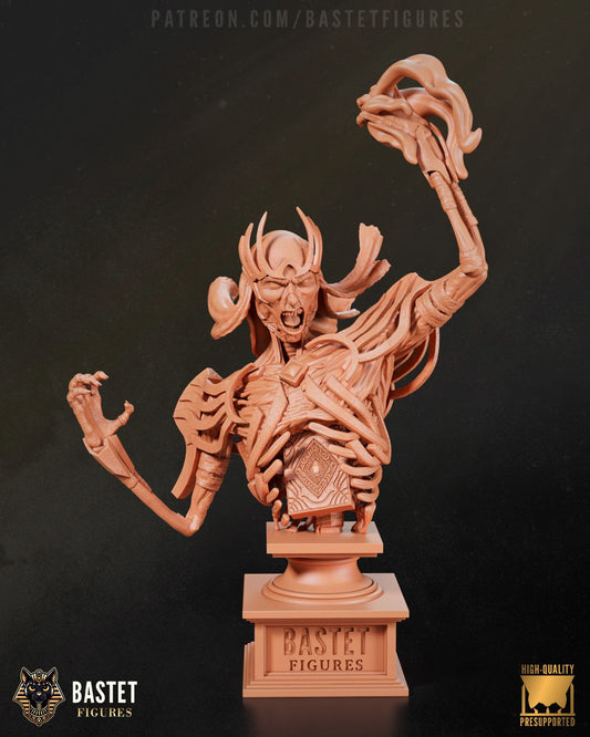 Resin bust of Vecna the Archlich, featuring skeletal arms, crown, and spell tome, standing 153mm tall.