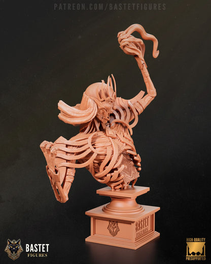 Resin bust of Vecna the Archlich, featuring skeletal arms, crown, and spell tome, standing 153mm tall.