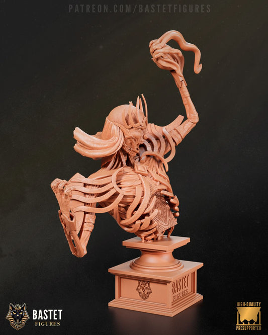 Resin bust of Vecna the Archlich, featuring skeletal arms, crown, and spell tome, standing 153mm tall.