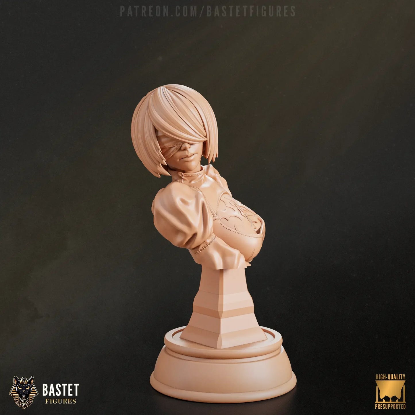Stylized render of 2B bust sculpture from NieR: Automata in bold pose
