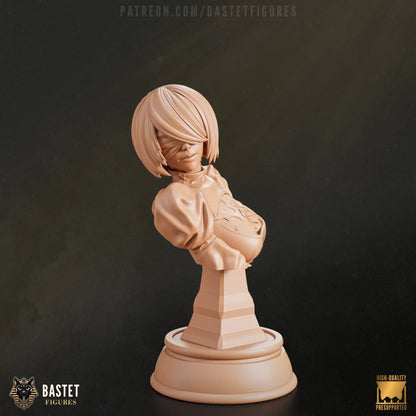 Stylized render of 2B bust sculpture from NieR: Automata in bold pose