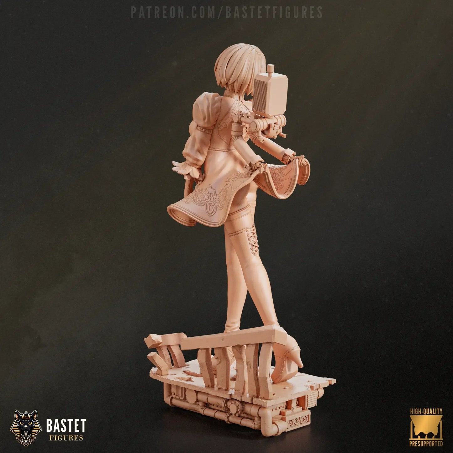 Side angle of the 2B statue showing flowing skirt and android features