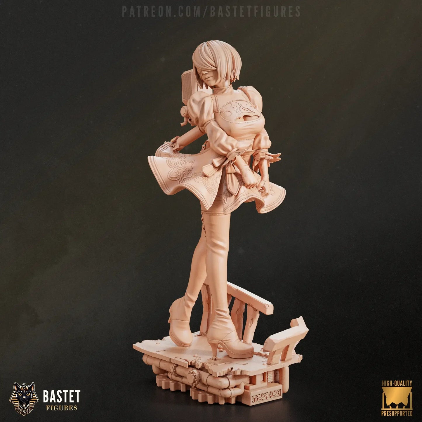 Rear view of 2B statue highlighting base structure and pod drone