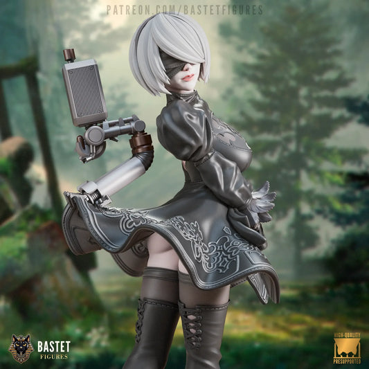 Digital render of 2B figure inspired by NieR: Automata with pod drone and scenic forest backdrop