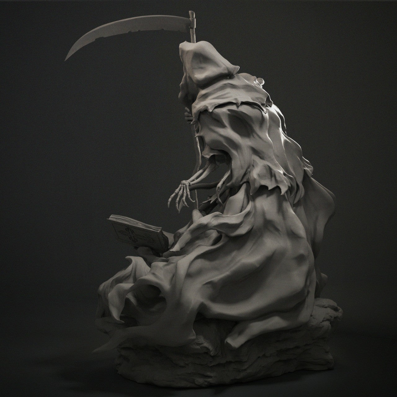 Grim Reaper 1:12 scale statue with hooded skeleton holding scythe over an open book, detailed dark fantasy collectible.