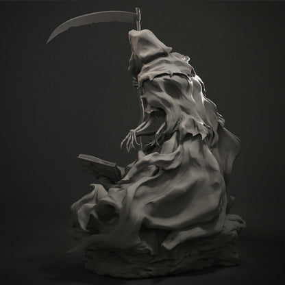Grim Reaper 1:12 scale statue with hooded skeleton holding scythe over an open book, detailed dark fantasy collectible.