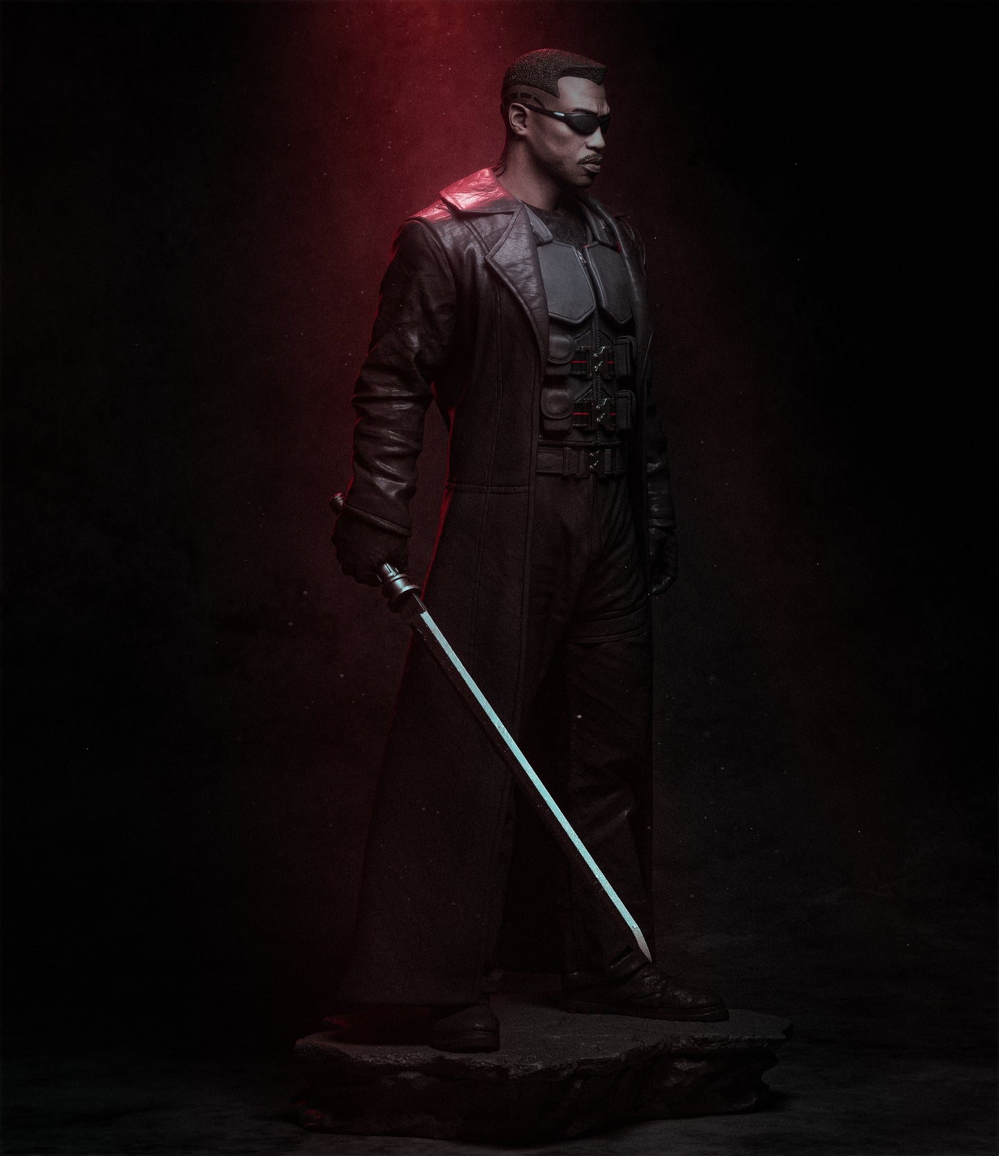 Person in dark costume holding a lightsaber against a dark background