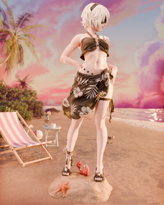 Full front view of 2B swimsuit resin figure with beach themed base