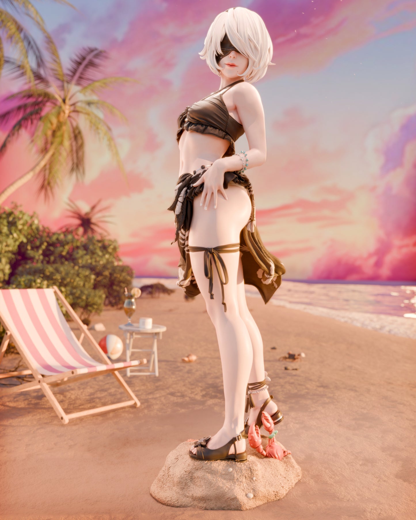 Three-quarter view of 2B with mask and swimsuit resin figure with scenic beach base