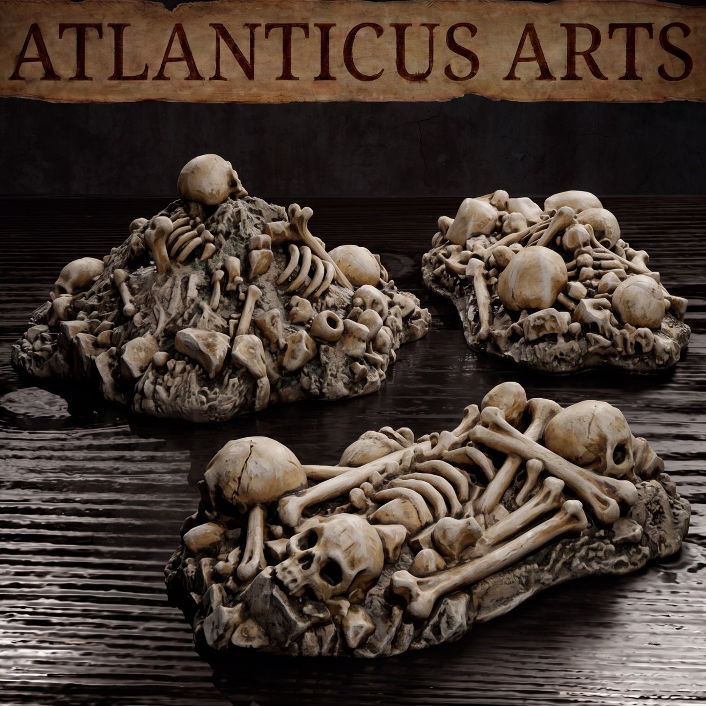 Close-up of three painted skeletal bone piles with skulls, ribs, and long bones resting on a dark wet wood texture under the Atlanticus Arts banner.