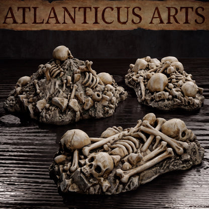 Close-up of three painted skeletal bone piles with skulls, ribs, and long bones resting on a dark wet wood texture under the Atlanticus Arts banner.