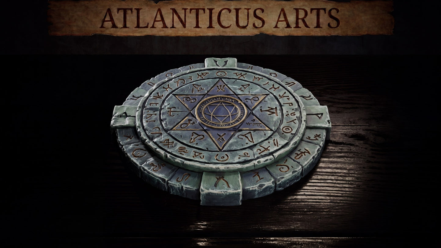 Full view of the painted 52mm Summoning Circle terrain piece resting on a dark wood table under the Atlanticus Arts banner.