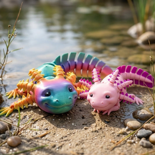 Rainbow and pink 3D printed articulated axolotl fidget toys displayed by water with colorful gradient bodies and flexible segments
