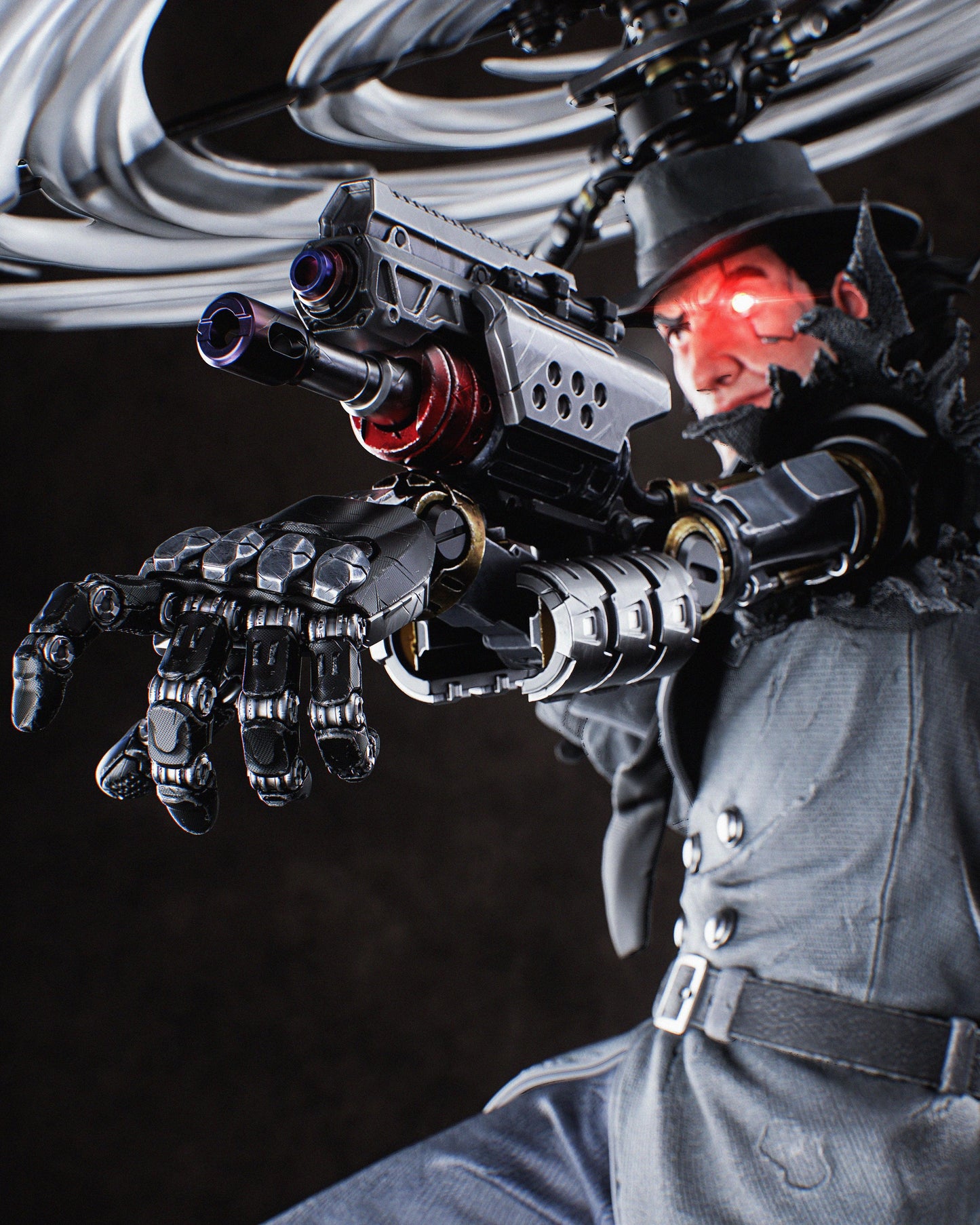Trenchcoat-wearing gadgeteer with tools deployed