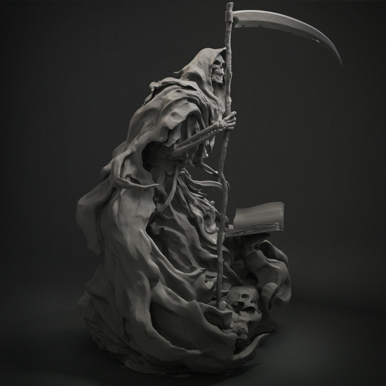 Grim Reaper 1:12 scale statue with hooded skeleton holding scythe over an open book, detailed dark fantasy collectible.