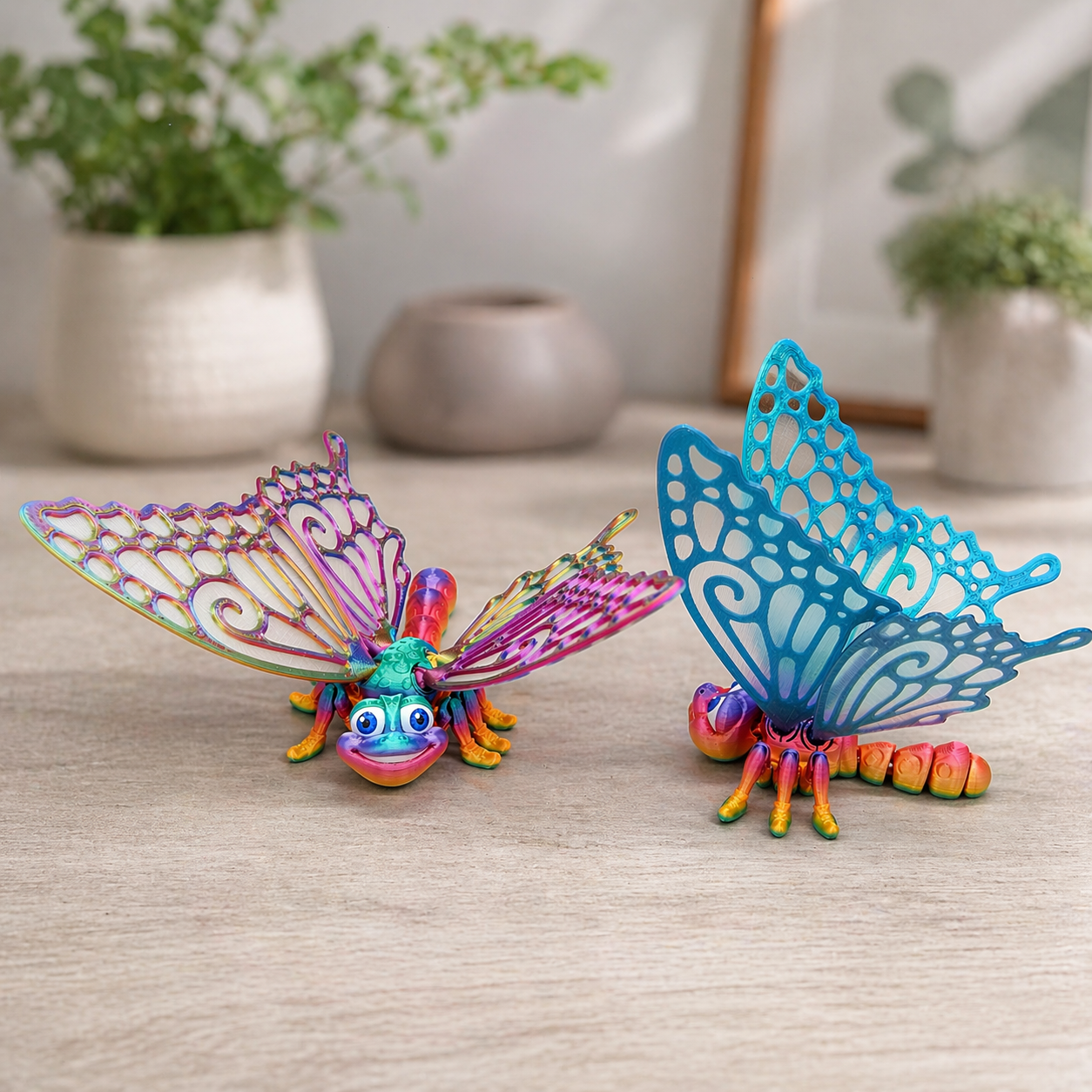 Two 3D printed articulated butterfly toys with lace-pattern wings displayed on a wood surface — rainbow pink-purple gradient and blue gradient colorways with cartoon eyes and segmented bodies by FlexiFactory
