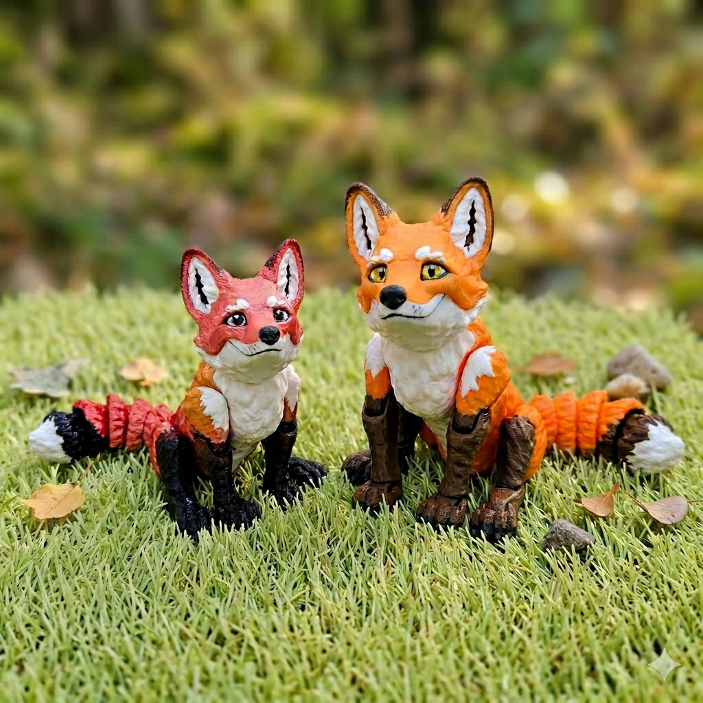 Two 3D printed articulated fox figurines sitting on green grass — a smaller red fox with cartoon eyes on the left and a larger orange fox with gold eyes on the right, both with multicolor segmented tails