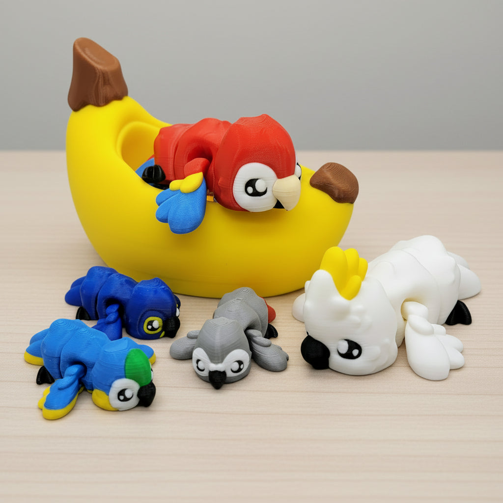 Five 3D printed articulated parrot toys — red macaw, blue and yellow macaw, African grey, and white cockatoo — displayed around a yellow 3D printed banana bowl on a light wood surface