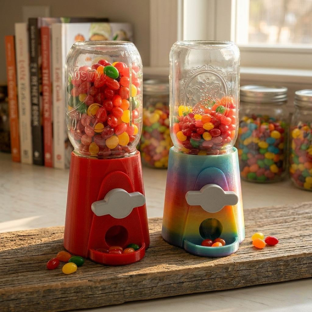 Two 3D printed mason jar candy dispensers on a rustic wood surface — a solid red dispenser on the left and a rainbow gradient dispenser on the right, both filled with colorful jelly beans, with additional candy jars in the background