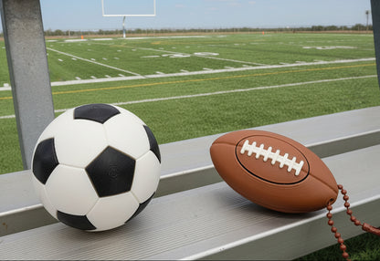 3D printed soccer clicker ball and football keychain clicker sitting on stadium bleachers