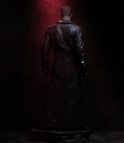 Person wearing a dark leather coat and hat in a dimly lit setting