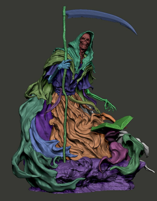 Grim Reaper 1:12 scale statue with hooded skeleton holding scythe over an open book, detailed dark fantasy collectible.