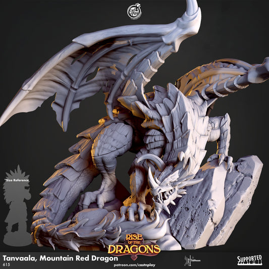 Tanvaala, Mountain Red Dragon by Cast n Play, a gargantuan dragon miniature posed on a rocky base.