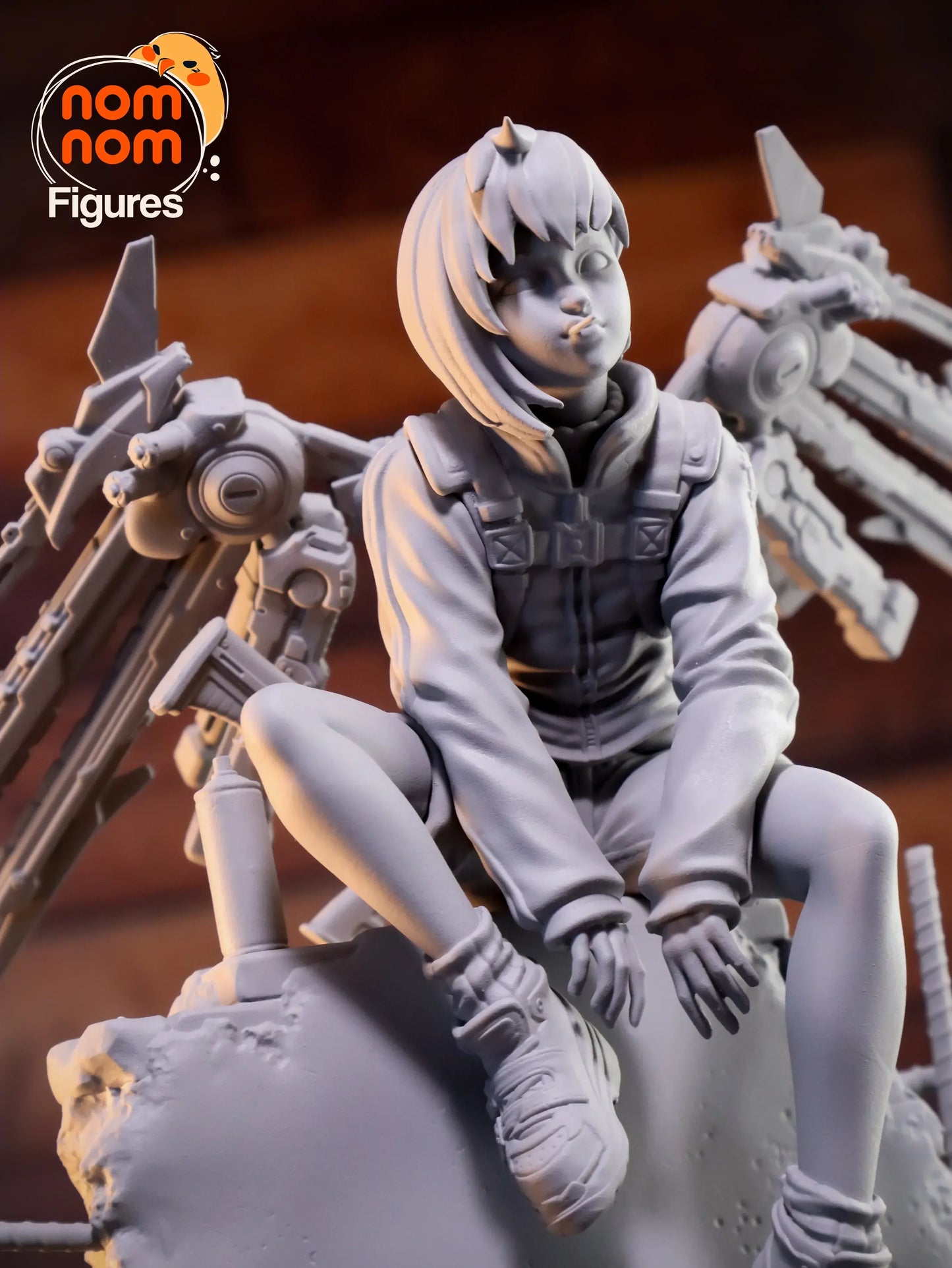 Close-up of Valrie’s face and upper body with mechanical detail, unpainted resin.