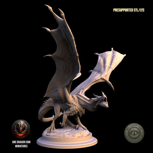 Silverwing Dragon resin miniature by One Dragon Coin Miniatures, shown in mid-flight pose with massive wings and scenic base.

