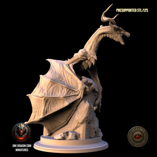 Right-side view of Mirvax Dragon by One Dragon Coin Miniatures with long tail, elegant horns, and mountain-like base.