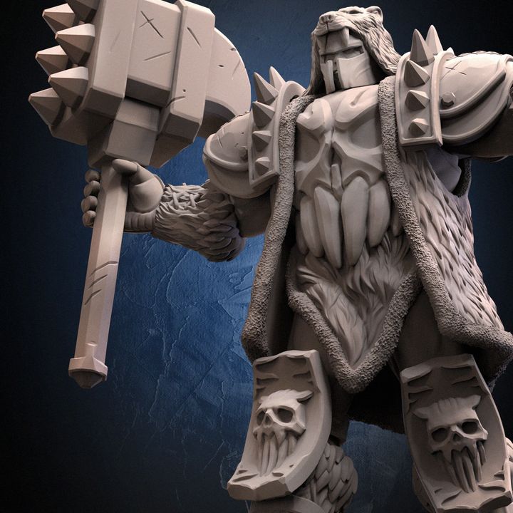 The Hammer Balbars resin miniature – armored warrior in bear pelt cloak with massive spiked hammer, skull-engraved armor plates.